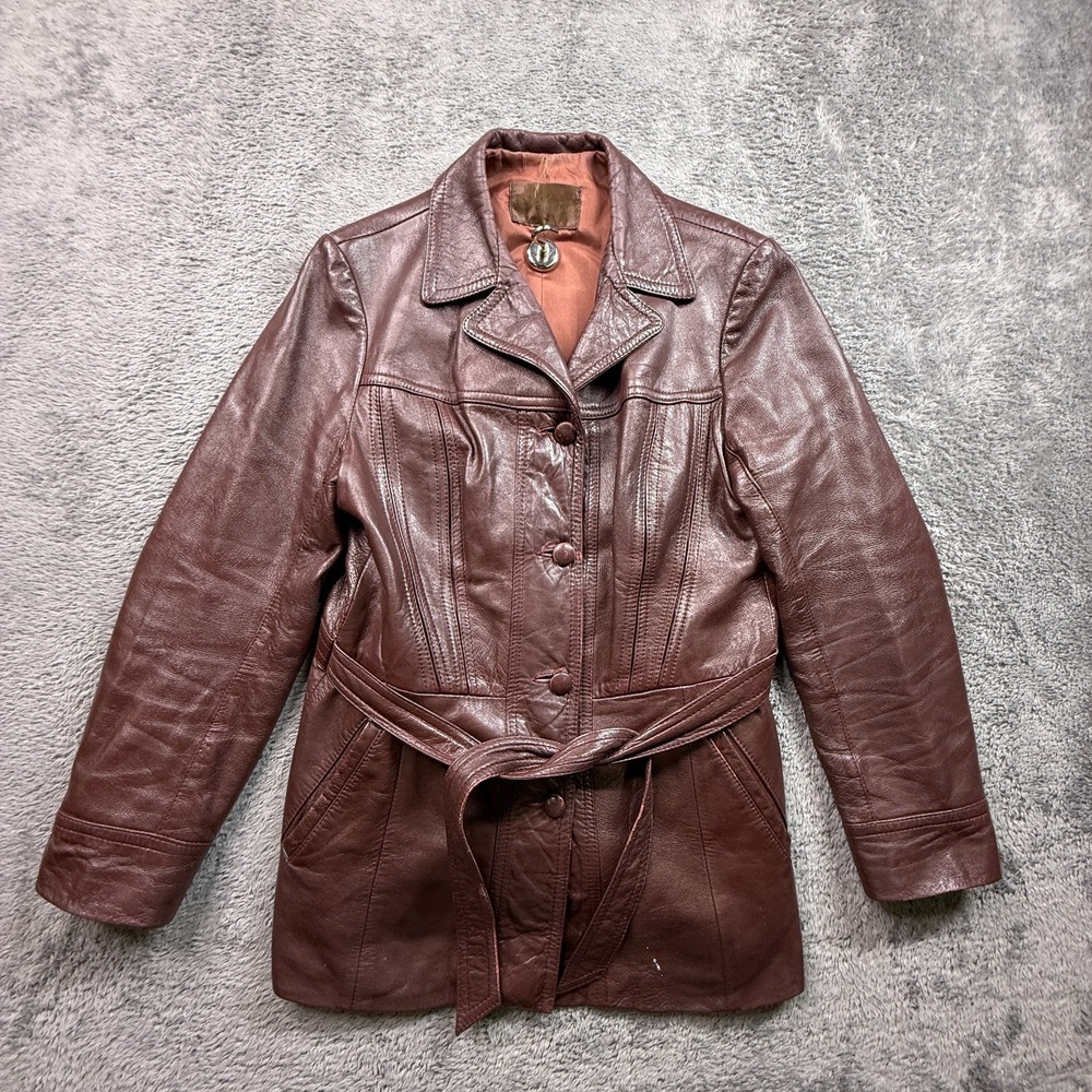 Vintage 70s Leather Jacket Coat Womens M Belted Outlook Fashions Long Brown